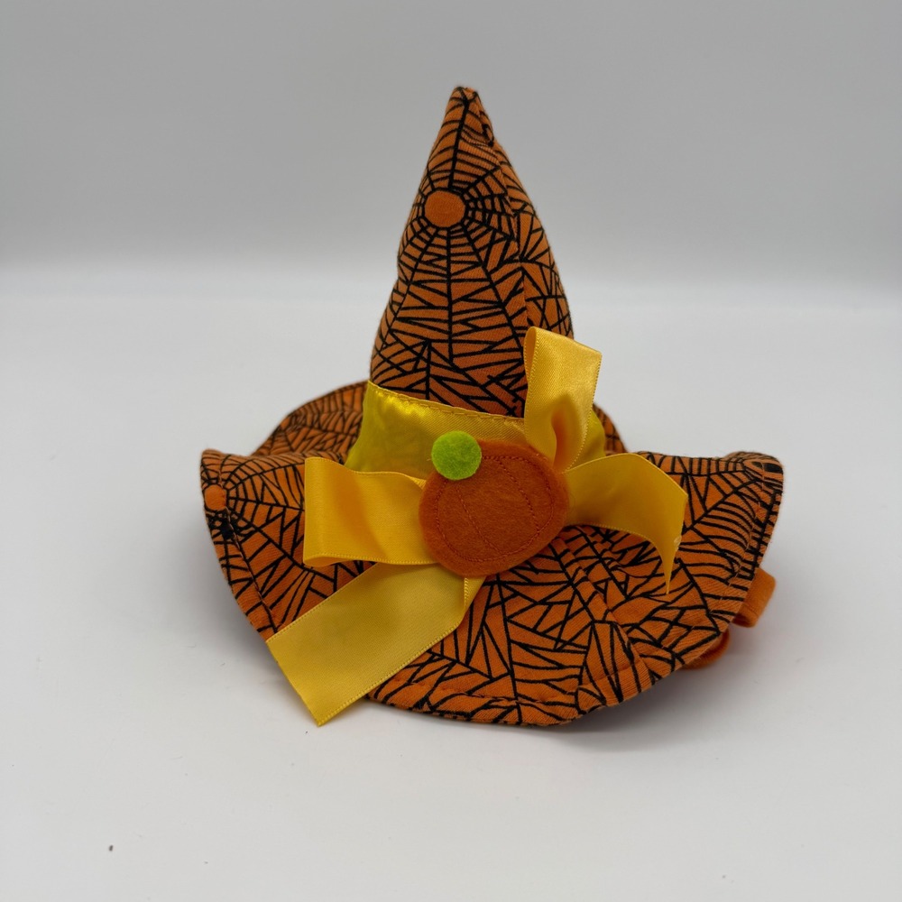 Halloween Witch Hat Pet Costume Orange Spider Web Pumpkin Yellow Bow